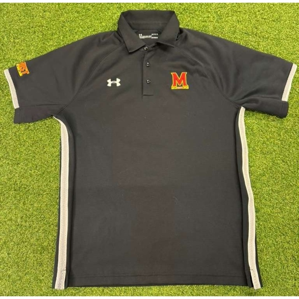 Maryland Terrapins Polo Shirt Mens Large Black Under Armour Heatgear Loose Fit‎